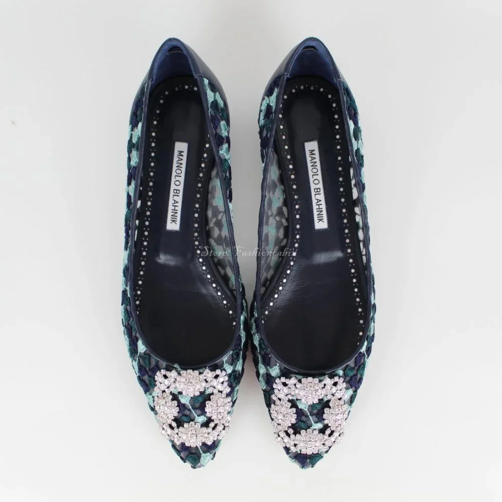NEW Manolo Blahnik Hangisi Crystal Buckle Lace Flats YWOV EU 39